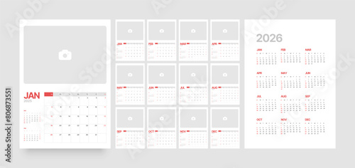 Monthly calendar template for 2025 year. Wall or desk calendar in a minimalist style. With a place for photos. Diary planner for 2025 year. Week Starts on Sunday. 