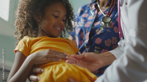 Pediatrician palpating young girl's belly to ensure preventive health care.