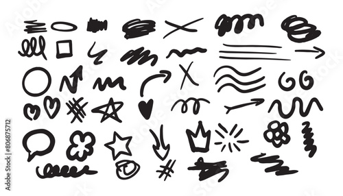 Hand drawn marker pen strokes doodle design elements, black on white isolated background. Black scribble doodle underline line shape set. Editable stroke