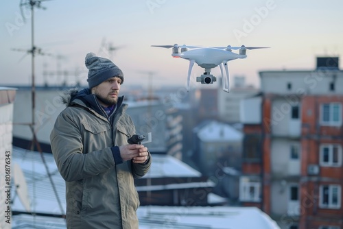 Young technician flying UAV drone with remote control on rooftop, Generative AI
