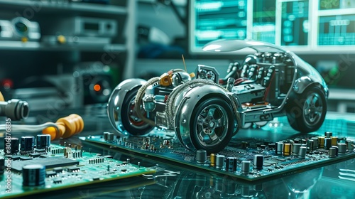 A depiction of a programmable metal car robot next to an electronic board in a laboratory environment, emphasizing themes of robotics, electronics, and STEM education