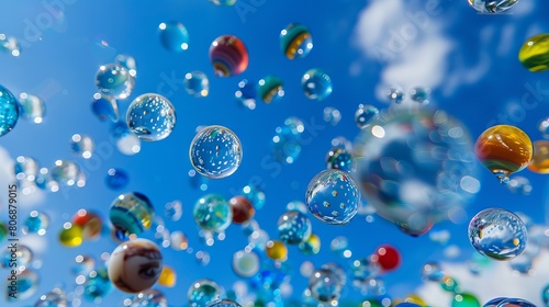 Very large marbles falling from a blue sky onto a trampoline and bouncing back up, motion blur 