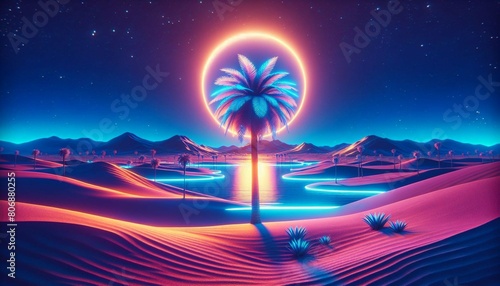 landscape desert and a lake with neon lights and a palm tree covering the sun