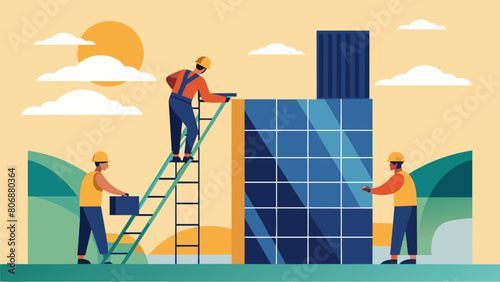 Workers on scaffolding carefully assembling solar panel arrays on the side of a tall industrial building.. Vector illustration