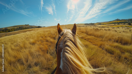 horse in the field. POV of riding a horse in a field. Point of view of riding a horse. 