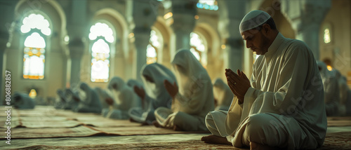 Devout Muslims Engaged in Prayer at a Majestic Mosque. A serene moment captured inside a mosque showing a group of Muslims deeply engaged in prayer, with focus on one individual in a peaceful, spiritu