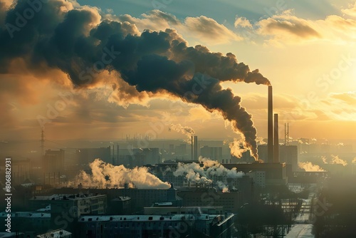 industrial power plant emitting thick plumes of co2 smoke from towering chimneys contributing to air pollution and global warming through fossil fuel combustion environmental impact concept photo