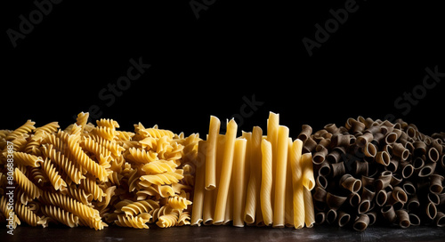 Various groups of raw colored flour wheat pasta in a row, black background isolate. AI generated.