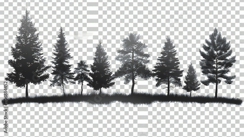 Monochromatic Magic: Realistic Black and White Trees and Forest Silhouettes in a Nature Park, Captured on Transparent Background