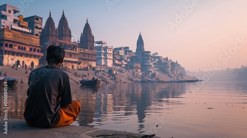 A man enjoying a peaceful moment by the Ganges river in Varanasi, India