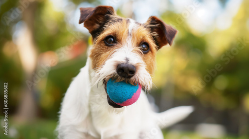 庭でカラフルなボールを持って遊んでいる愛らしいジャック・ラッセル・テリア犬のクローズ アップ ポートレート