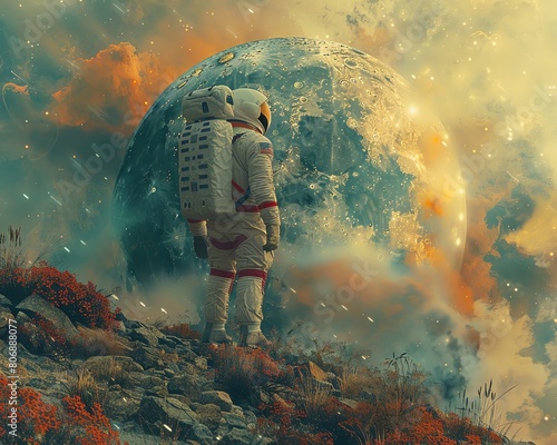 Produce a digital photorealistic artwork depicting a lone astronaut on a barren moon, using glitch art techniques to convey isolation and inner turmoil