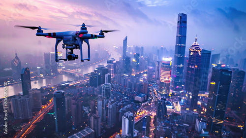 Aerial View of Cityscape with Drone in Flight