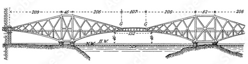 Scheme of railway bridge over the Firth of Forth. Scotland, United Kingdom. Publication of the book "Meyers Konversations-Lexikon", Volume 7, Leipzig, Germany, 1910