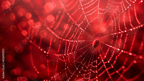 Intricate Spider Web or Cobweb on Red Background, Halloween Theme Vector Illustration, Creepy Arachnid Web Design, Generative Ai