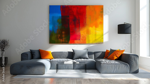 Sophisticated Living Space: Stunning Abode Enlivened by Vibrant Abstract Artwork and Contemporary Sectional Sofa