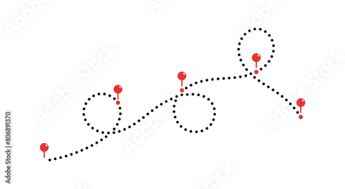 Dotted line path with location map pins. Line path with pointers. Dotted pathway. Airplane routes set. Routes set. Travel navigation. Travel route.