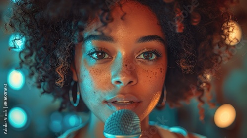 Very close-up still image in a grunge radio studio. Beautiful Anglo-Afro woman sitting at work talking with condenser microphone in studio