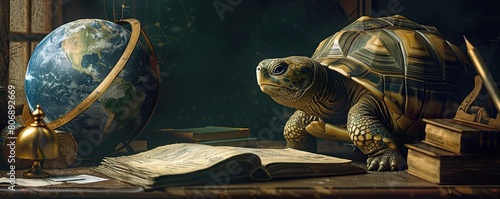 wise turtle glasses resting on a wooden table next to a stack of books, including an open book, a stacked book, and a black book, against a black wall