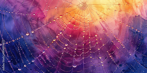 Glistening Spider Web A Beautiful Painting Capturing Water Droplets in the Center of a Intricate Web