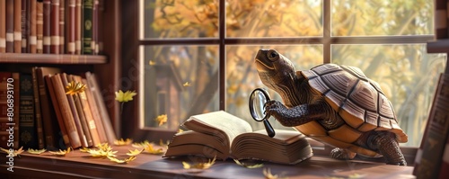 wise turtle glasses sit on a bookshelf next to a brown book and a yellow flower, with a glass window in the background