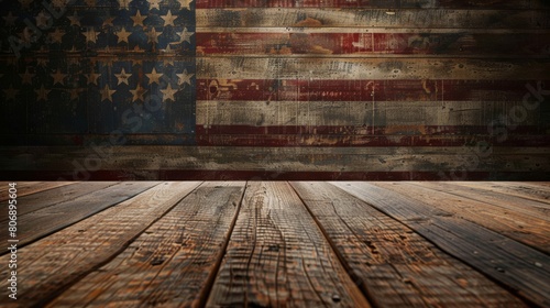 Empty Wooden Table Against the Backdrop of an American Flag,US Memorial Day