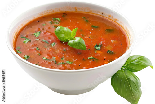 Tomato and Basil Soup in a Bowl On Transparent Background.