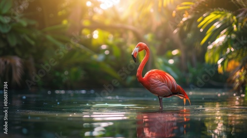 Flamingo Stand in The Water With Beautiful background Nature 4K Wallpaper.