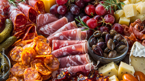 charcuterie, photo of meat platter with cheese, grape, nuts, olives, pickles and rosemary branches