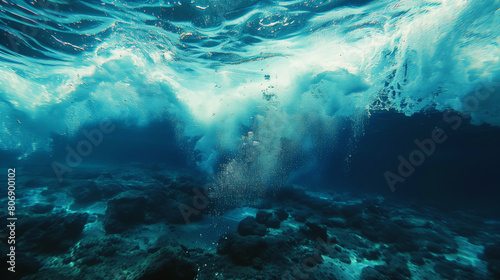 Underwater scene showing sunlight filtering through clear blue water with air bubbles and ocean floor rocks.