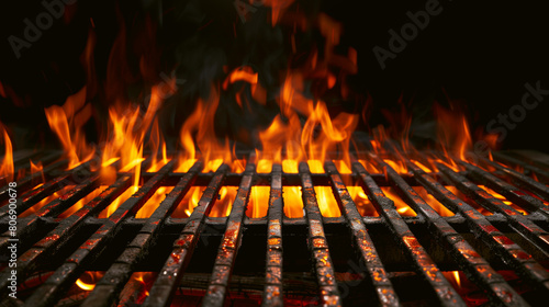 Intense flames burning under a hot, greasy barbecue grill with visible glowing embers.