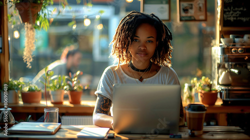  Digital nomad concept.A woman with dreadlocks is sitting at a table with a laptop computer in front of her. She is wearing a white shirt and a necklace. The scene takes place in a coffee shop with po