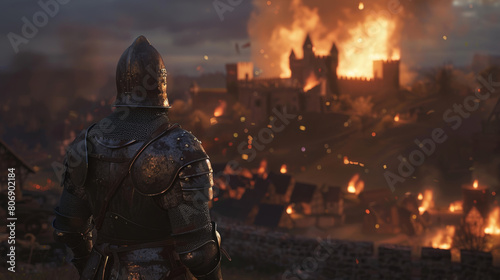 A knight gazes over a medieval fortress engulfed in flames at twilight.