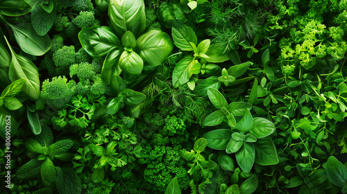 A vibrant top view of a variety of fresh green herbs and leafy vegetables.