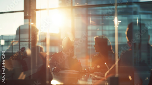 Business meeting silhouette against the backdrop of a setting sun.