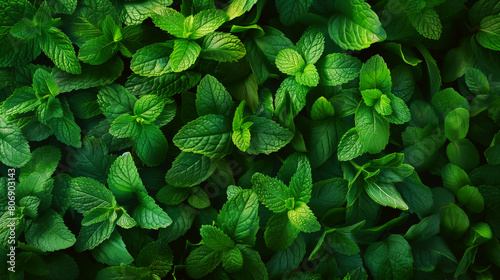 Lush green mint leaves densely packed, offering a fresh and natural texture for backgrounds.