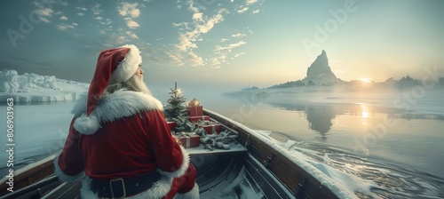 Santa clauses rowing in sync on snowy shoreline in festive boat laden with christmas gifts
