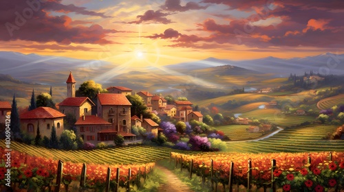 panoramic view of Tuscany with vineyard at sunset