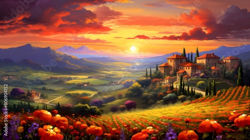 Tuscany landscape at sunset. Panoramic view of Tuscany, Italy.