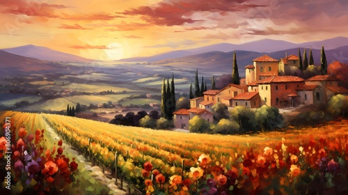 Panoramic view of Tuscany landscape at sunset, Italy