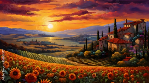 Panoramic view of Tuscany with sunflowers at sunset