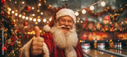 Santa claus triumphs in festive bowling alley, raising thumb in victory at end of lane