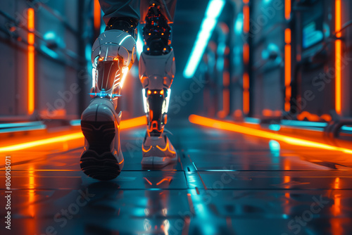 Robot walking in illuminated corridor with bionic legs, robotic technology, 3D illustration