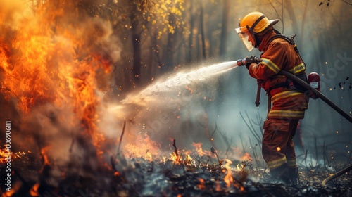 Firefighter Extinguishing a Wildfire in the Forest. Generative ai.