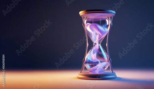 Futuristic hourglass, with sand or liquid trickling through its bulb, bathed in Dark and purple neon light, evoking themes of time passing or the inevitability of time.