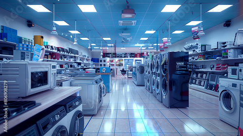 Modern electronics store interior with a variety of appliances on display under bright lighting.