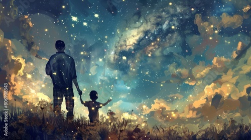 Joyful Father and Son Stargazing, Digital Oil Painting, Happy Fathers Day