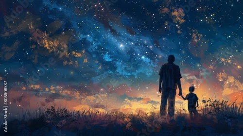 Joyful Father and Son Stargazing, Digital Oil Painting