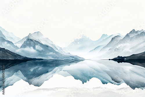 Serene Mountain Landscape with Misty Peaks and Calm Reflective Lake