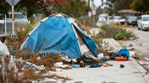 Urban homeless encampment with a dilapidated blue tent surrounded by trash on a sidewalk.